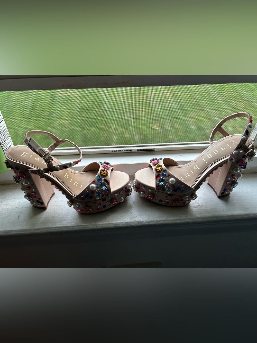 Gianni Bini Nude Platform Heels with Multicolored Gems - Picture 3 of 7
